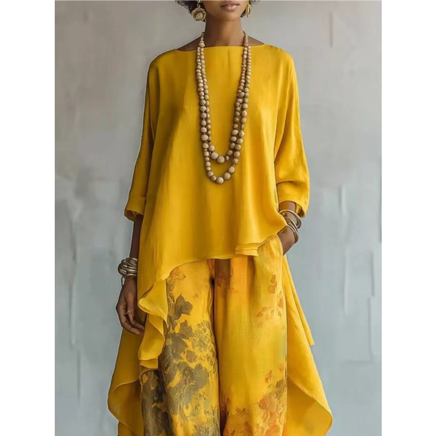 Asymmetrical Hem Top and Floral Pants Set Apparel and Accessories