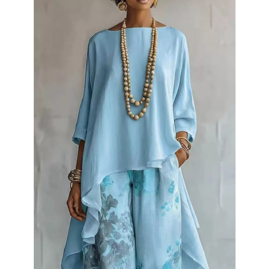 Asymmetrical Hem Top and Floral Pants Set Apparel and Accessories