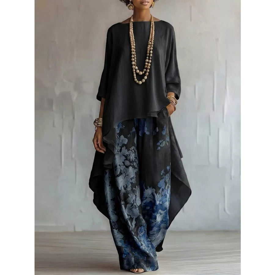 Asymmetrical Hem Top and Floral Pants Set Black / S Apparel and Accessories