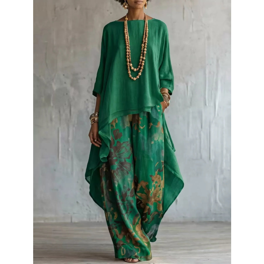 Asymmetrical Hem Top and Floral Pants Set Green / S Apparel and Accessories