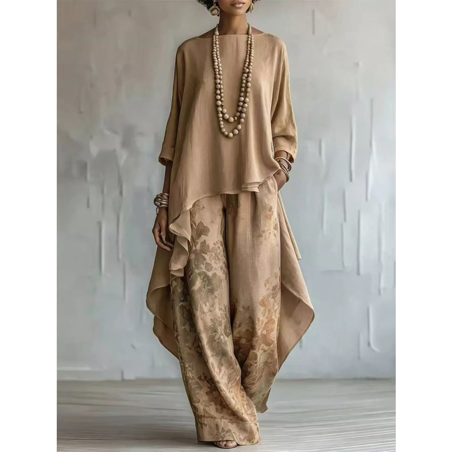 Asymmetrical Hem Top and Floral Pants Set Khaki / S Apparel and Accessories