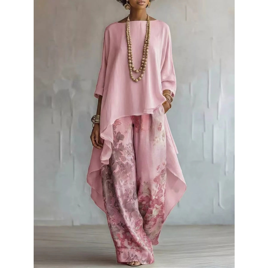 Asymmetrical Hem Top and Floral Pants Set Pink / S Apparel and Accessories