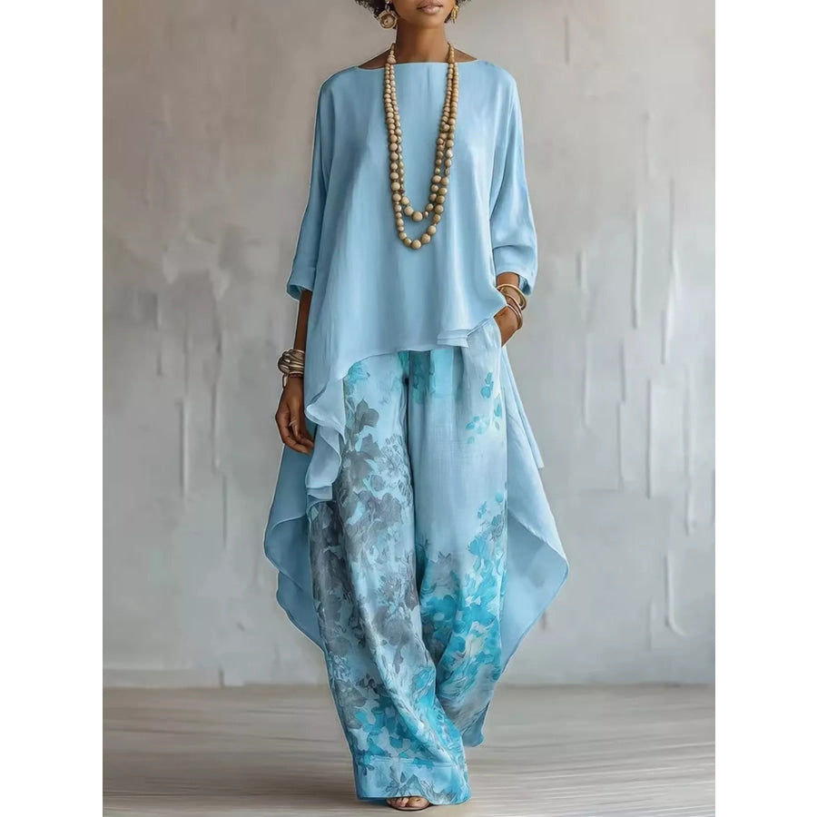 Asymmetrical Hem Top and Floral Pants Set Sky Blue / S Apparel and Accessories