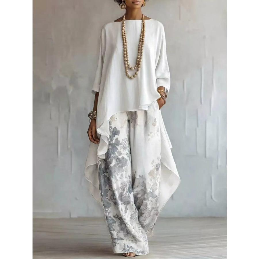 Asymmetrical Hem Top and Floral Pants Set White / S Apparel and Accessories