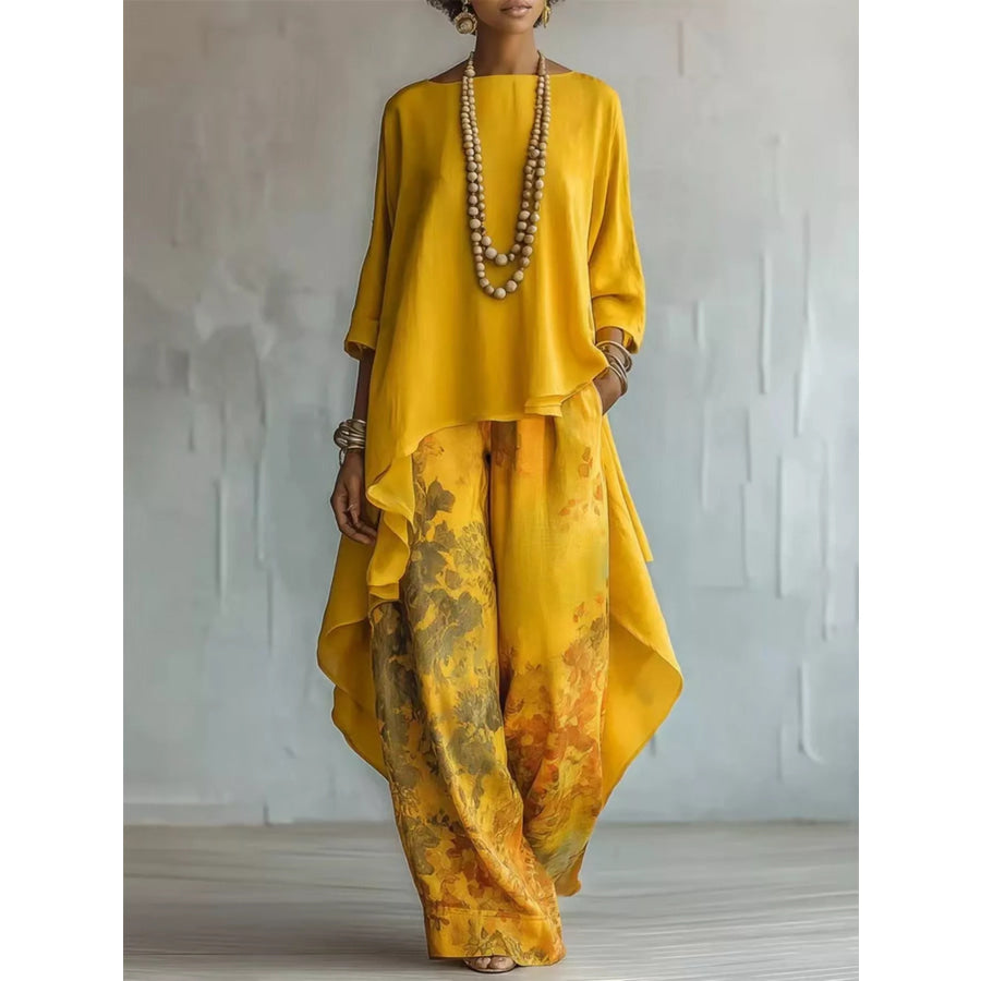 Asymmetrical Hem Top and Floral Pants Set Yellow / S Apparel and Accessories