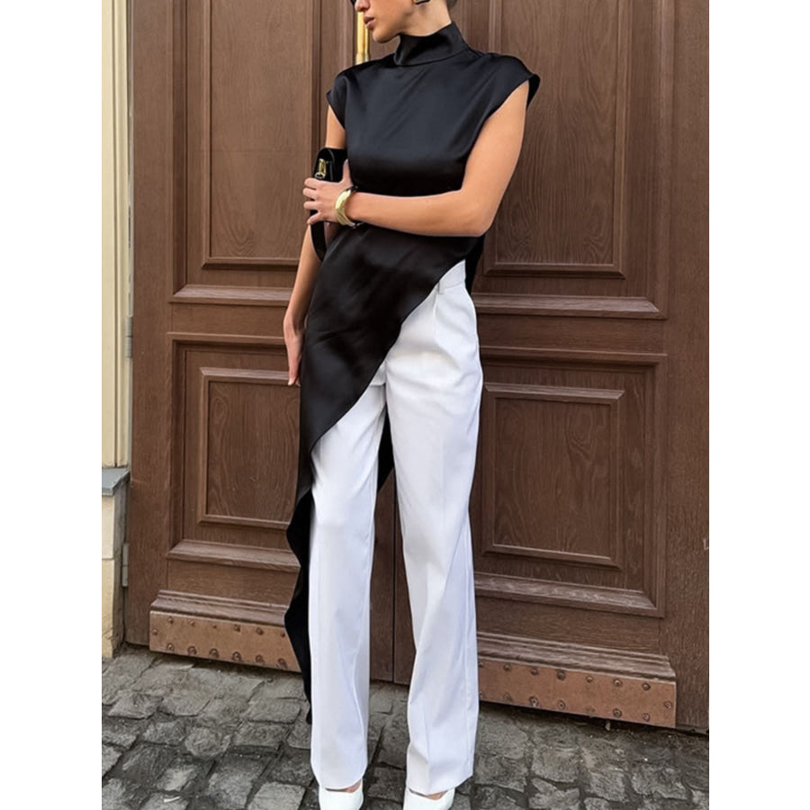 Asymmetrical Hem Turtleneck Blouse Black / S Apparel and Accessories