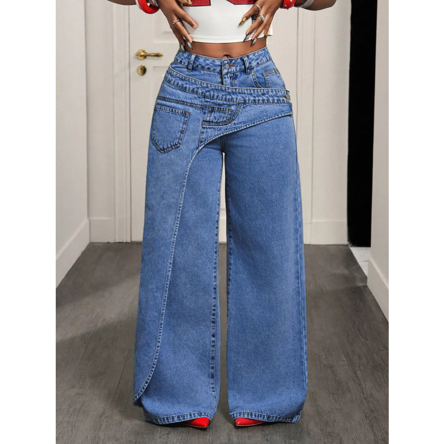 Asymmetrical High-Waisted Wide-Leg Jeans with Wrap Detail Medium Blue / S Apparel and Accessories