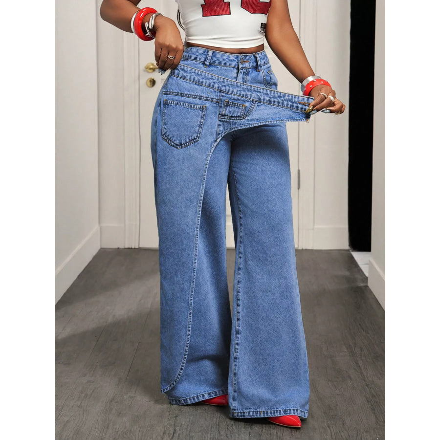 Asymmetrical High-Waisted Wide-Leg Jeans with Wrap Detail Medium Blue / S Apparel and Accessories