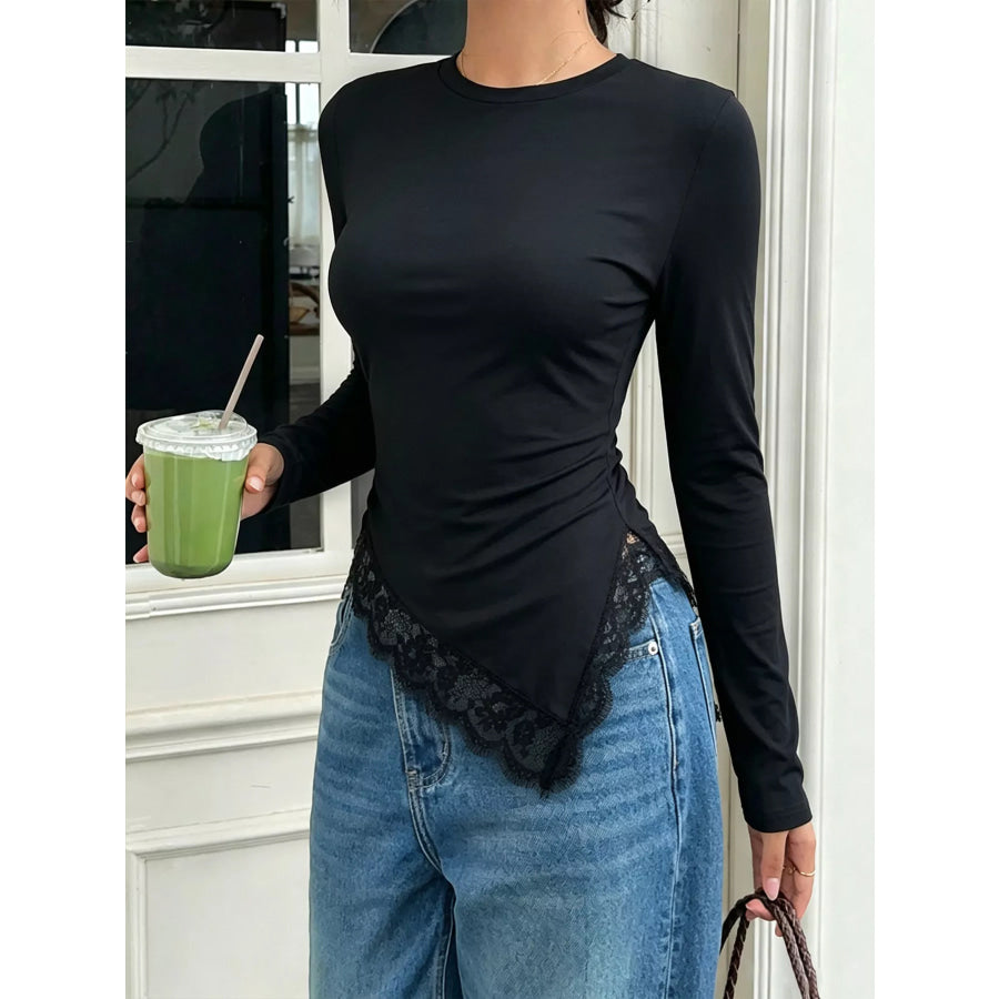 Asymmetrical Lace Hem Long Sleeve T-Shirt Apparel and Accessories