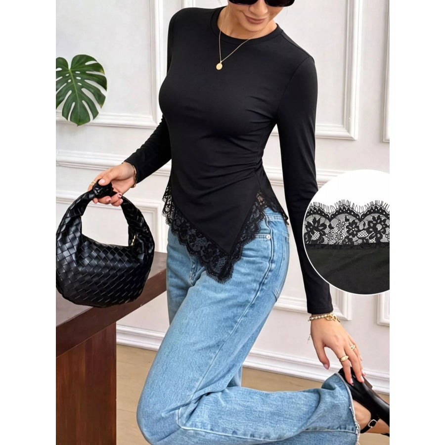 Asymmetrical Lace Hem Long Sleeve T-Shirt Apparel and Accessories