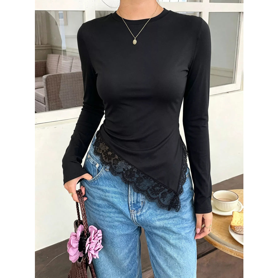 Asymmetrical Lace Hem Long Sleeve T-Shirt Apparel and Accessories
