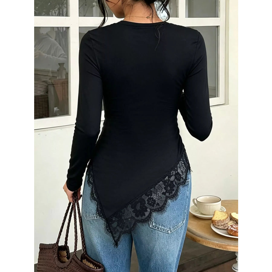 Asymmetrical Lace Hem Long Sleeve T-Shirt Apparel and Accessories