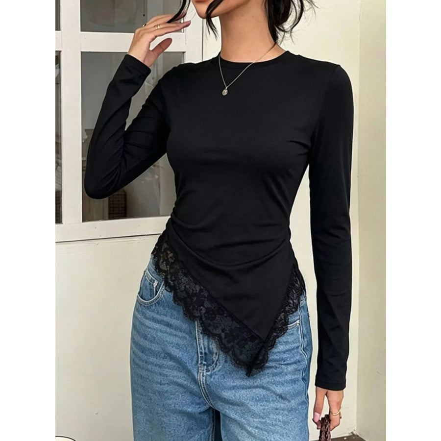 Asymmetrical Lace Hem Long Sleeve T-Shirt Black / S Apparel and Accessories