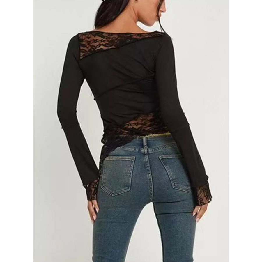 Asymmetrical Lace Trim Long Sleeve T-Shirt Apparel and Accessories