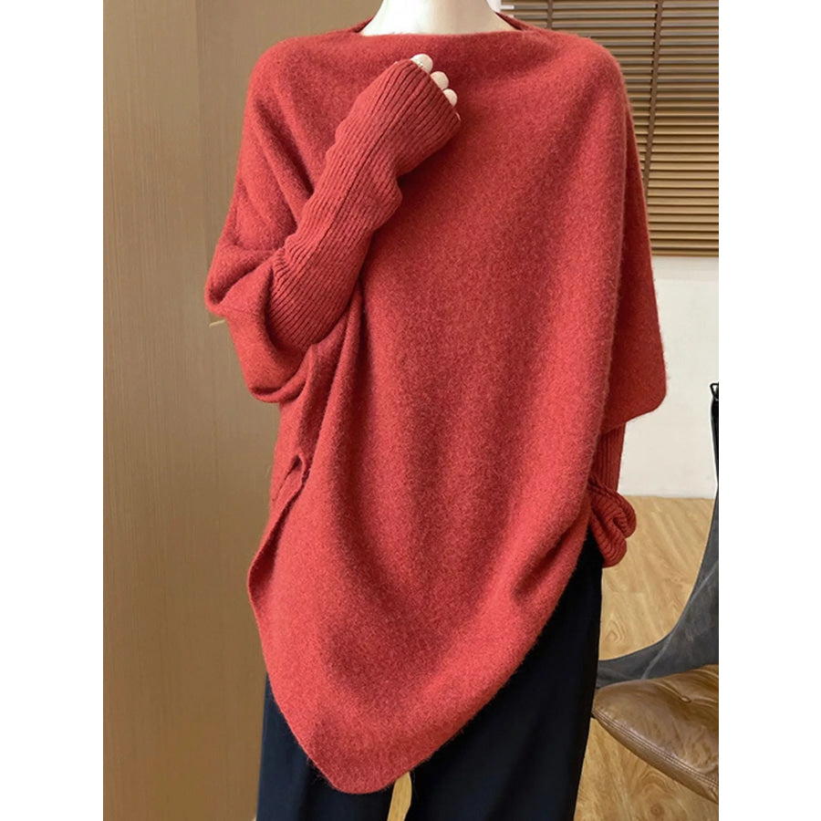 Asymmetrical Lantern Sleeve Sweater Brick Red / One Size Apparel and Accessories