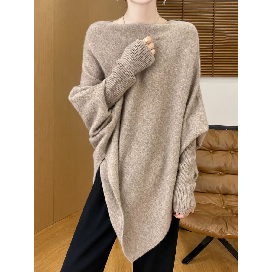 Asymmetrical Lantern Sleeve Sweater Dark Camel / One Size Apparel and Accessories
