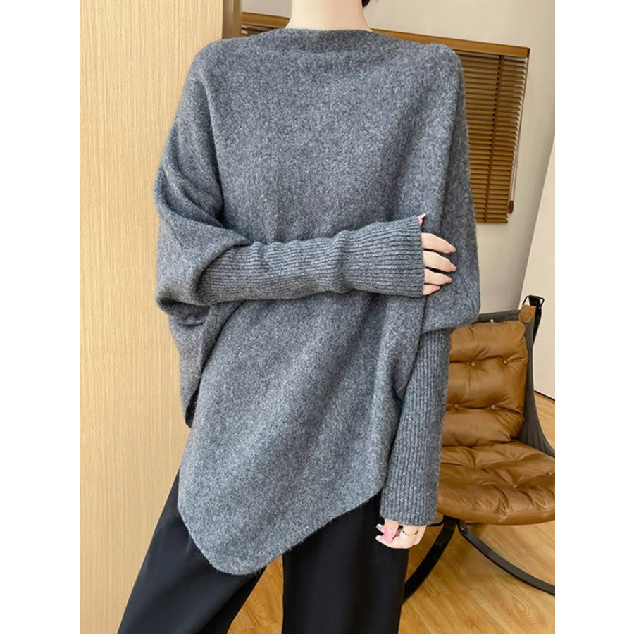 Asymmetrical Lantern Sleeve Sweater Dark Gray / One Size Apparel and Accessories