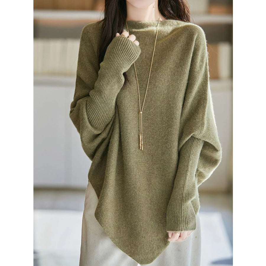 Asymmetrical Lantern Sleeve Sweater Matcha Green / One Size Apparel and Accessories