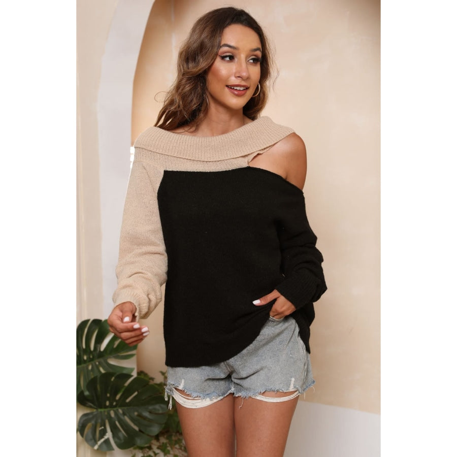 Asymmetrical Long Sleeve Two-Tone Cutout Sweater Black / S