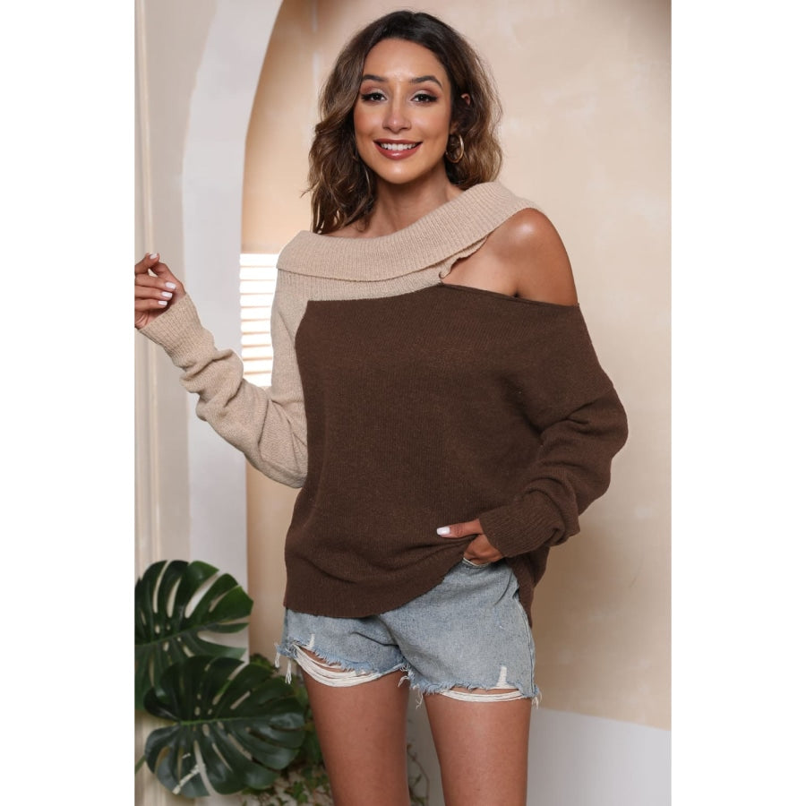 Asymmetrical Long Sleeve Two-Tone Cutout Sweater Coffee Brown / S