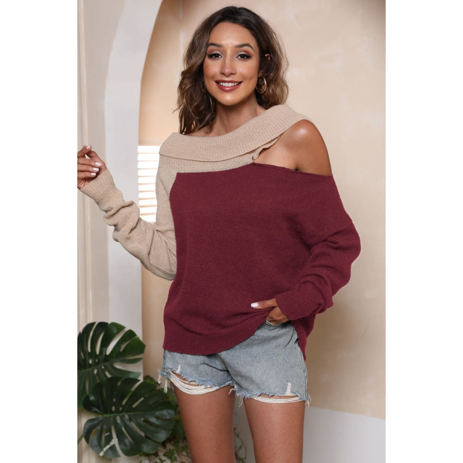 Asymmetrical Long Sleeve Two-Tone Cutout Sweater Deep Red / S