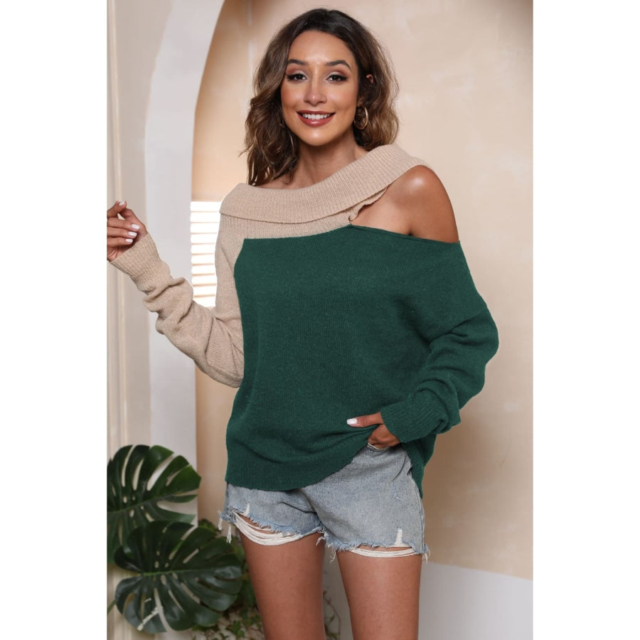 Asymmetrical Long Sleeve Two-Tone Cutout Sweater Green / S