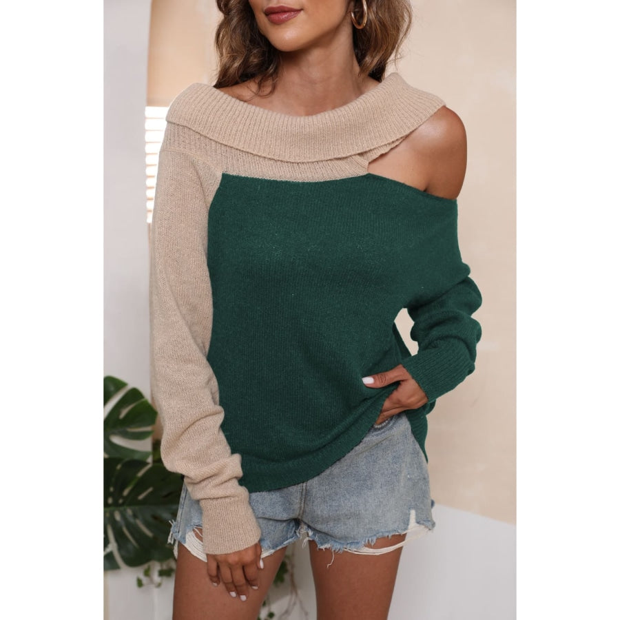 Asymmetrical Long Sleeve Two-Tone Cutout Sweater