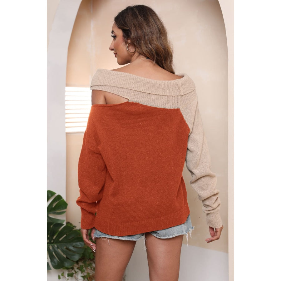 Asymmetrical Long Sleeve Two-Tone Cutout Sweater