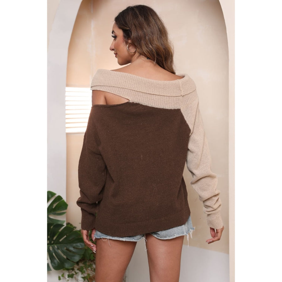 Asymmetrical Long Sleeve Two-Tone Cutout Sweater Coffee Brown / S