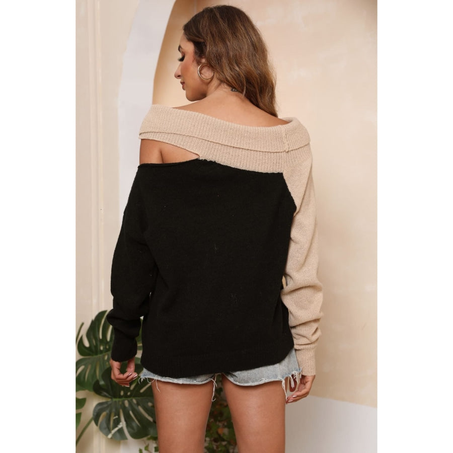 Asymmetrical Long Sleeve Two-Tone Cutout Sweater