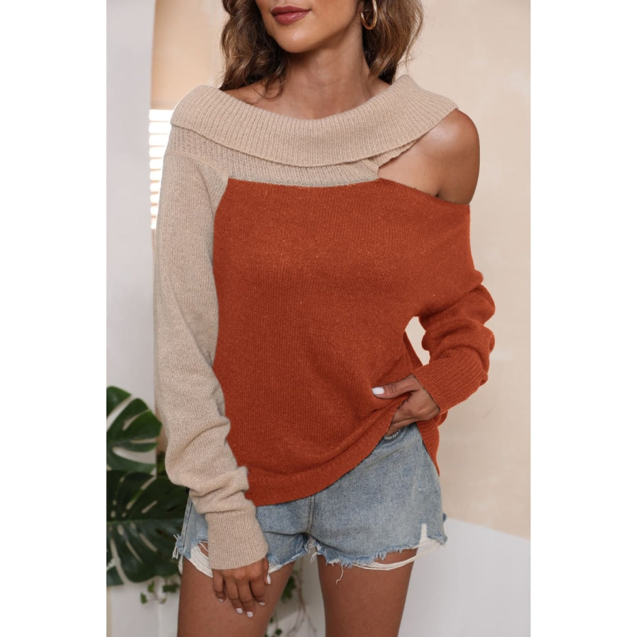 Asymmetrical Long Sleeve Two-Tone Cutout Sweater