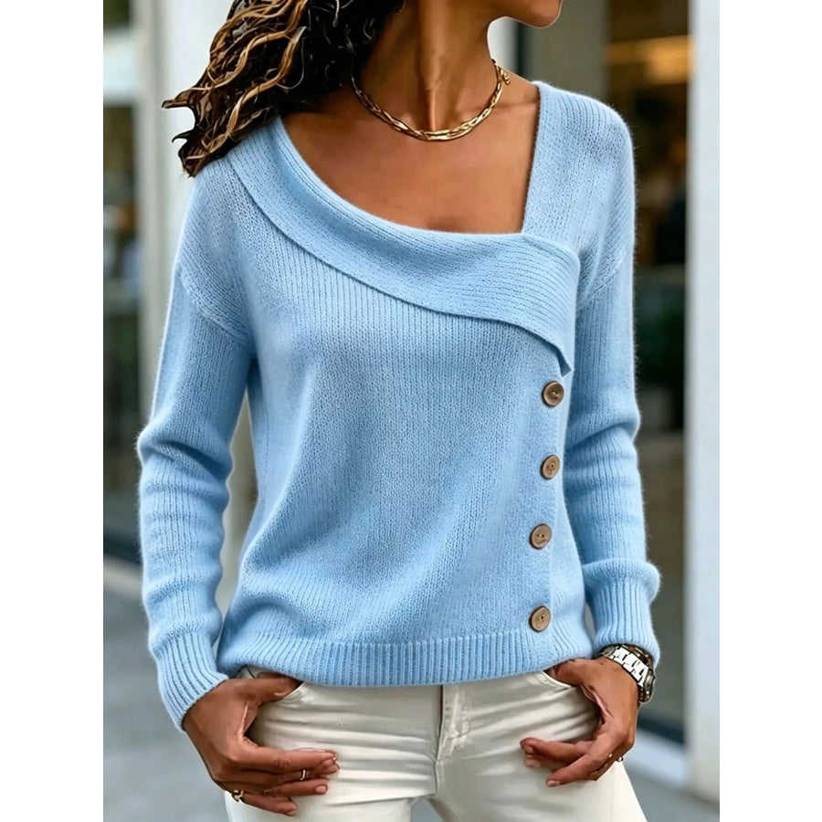Asymmetrical Neck Decorative Button Sweater Blue / S Apparel and Accessories