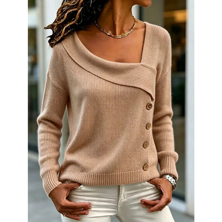 Asymmetrical Neck Decorative Button Sweater Brown / S Apparel and Accessories