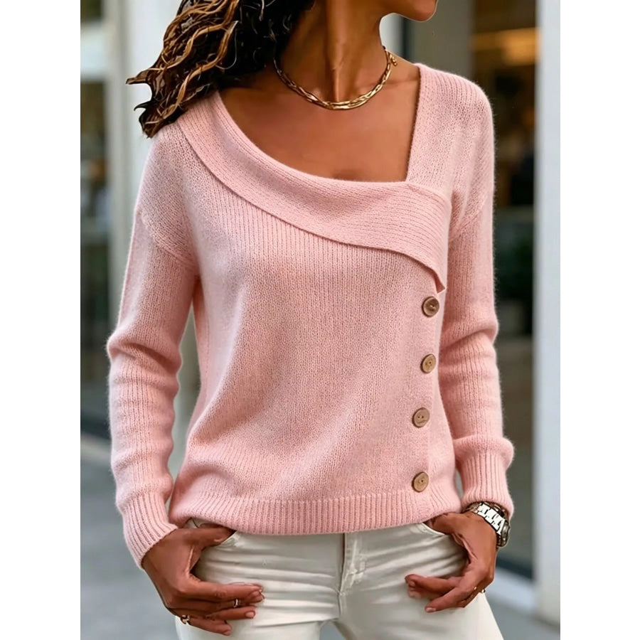 Asymmetrical Neck Decorative Button Sweater Pink / S Apparel and Accessories