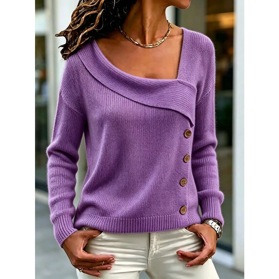Asymmetrical Neck Decorative Button Sweater Purple / S Apparel and Accessories