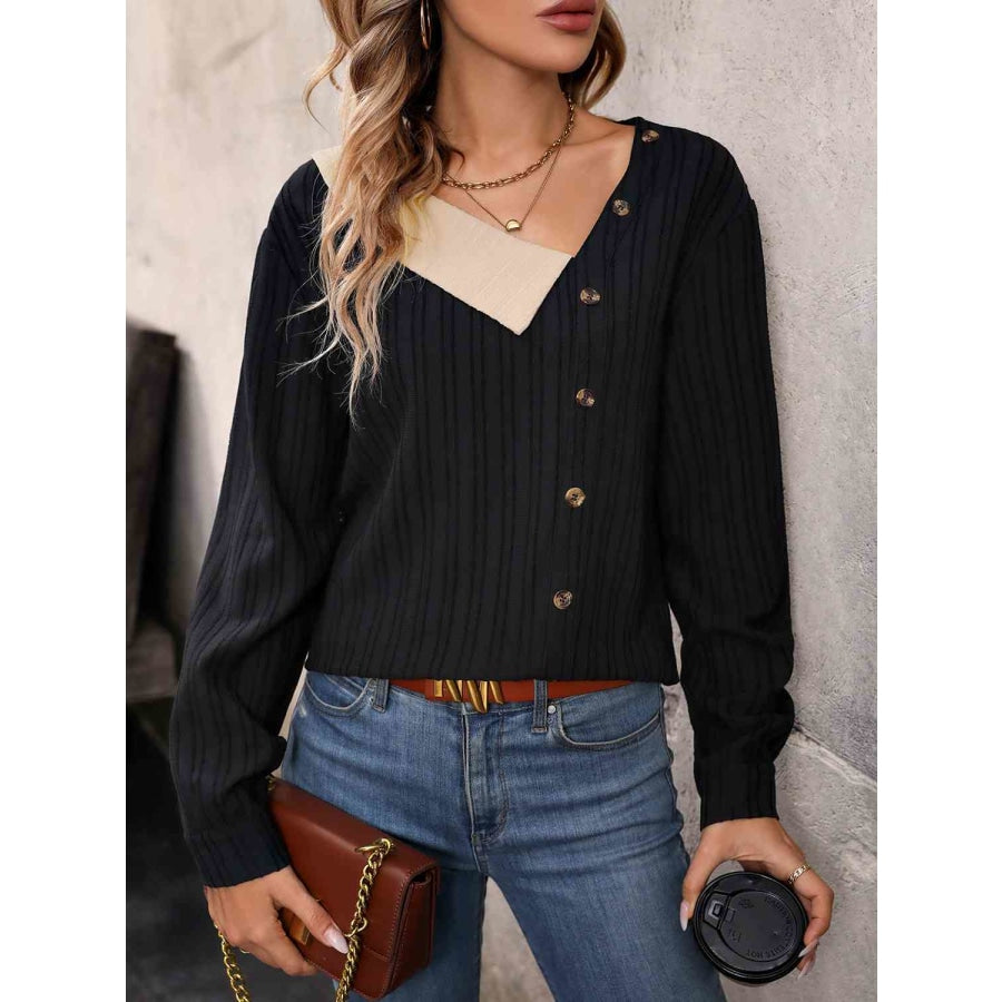 Asymmetrical Neck Decorative Button Top Black / S