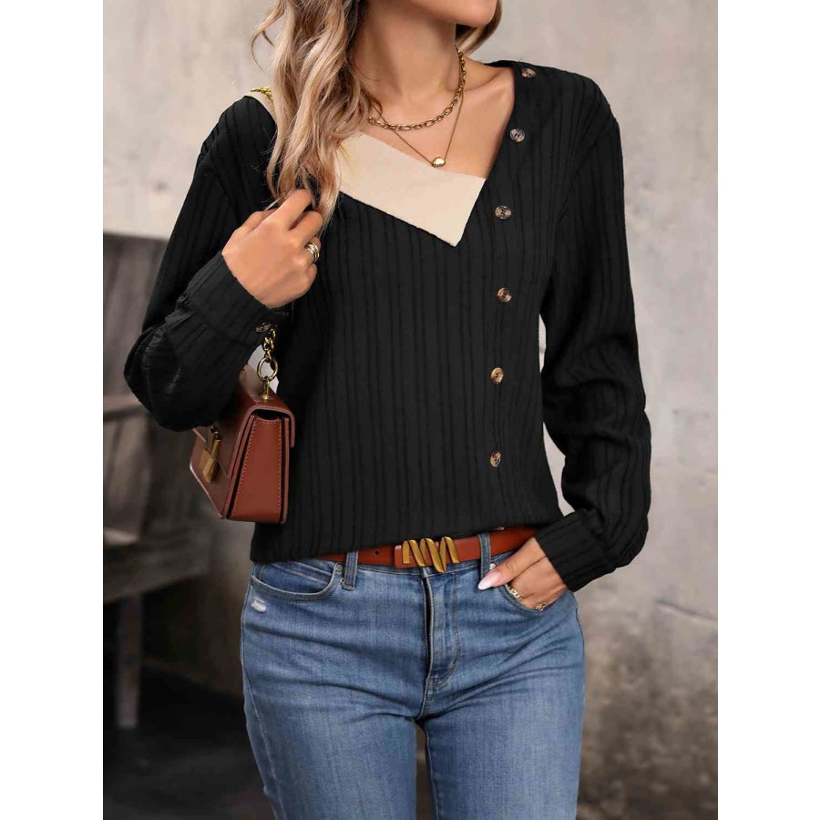 Asymmetrical Neck Decorative Button Top