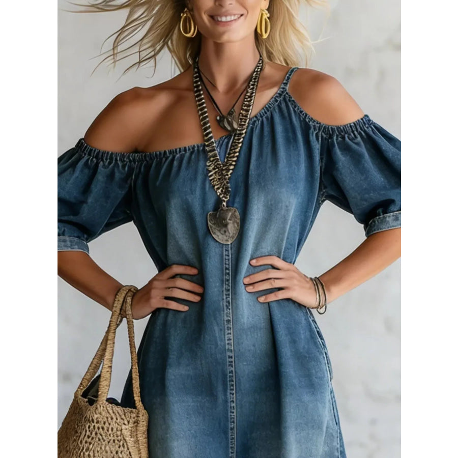 Asymmetrical Neck Denim Maxi Dress with Pockets Apparel and Accessories