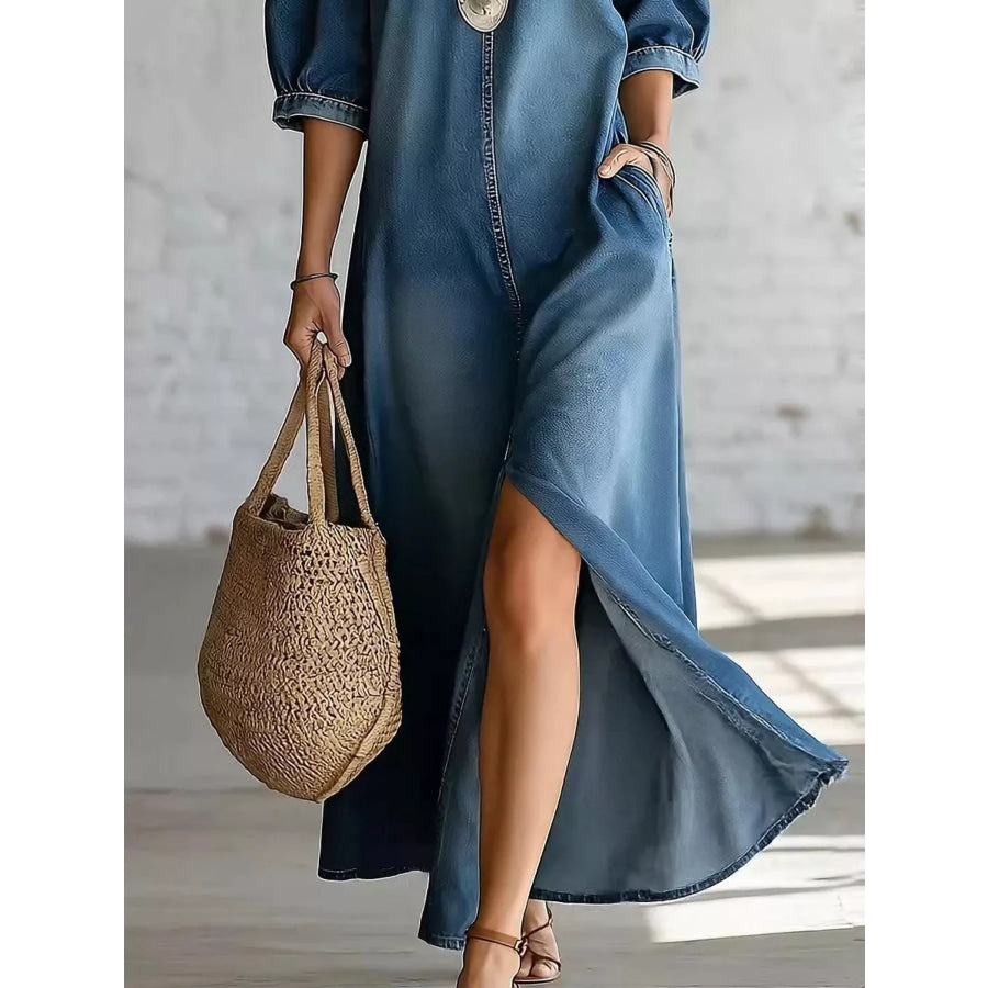 Asymmetrical Neck Denim Maxi Dress with Pockets Blue / S Apparel and Accessories