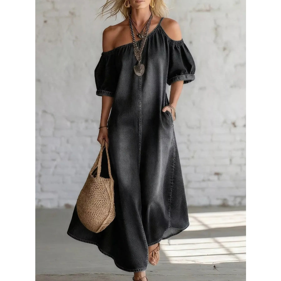 Asymmetrical Neck Denim Maxi Dress with Pockets Black / S Apparel and Accessories