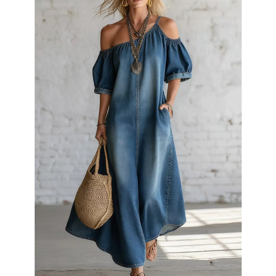 Asymmetrical Neck Denim Maxi Dress with Pockets Blue / S Apparel and Accessories