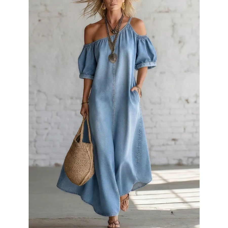 Asymmetrical Neck Denim Maxi Dress with Pockets Light Blue / S Apparel and Accessories