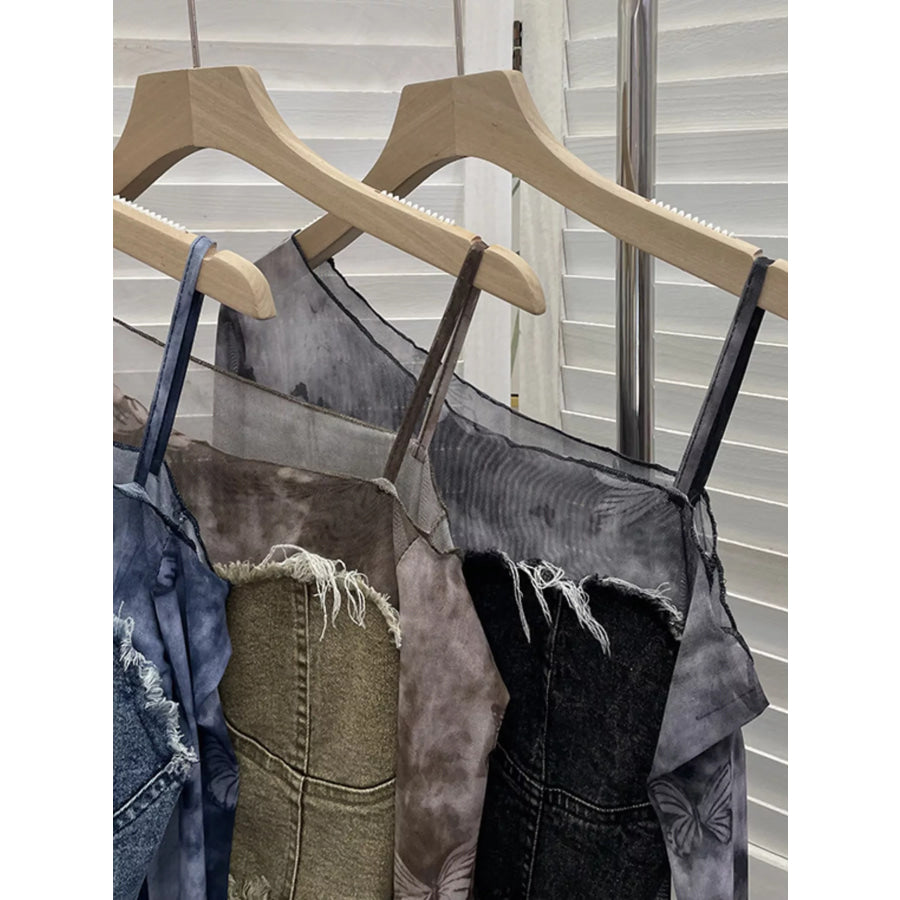 Asymmetrical Neck Denim Patchwork Top Apparel and Accessories