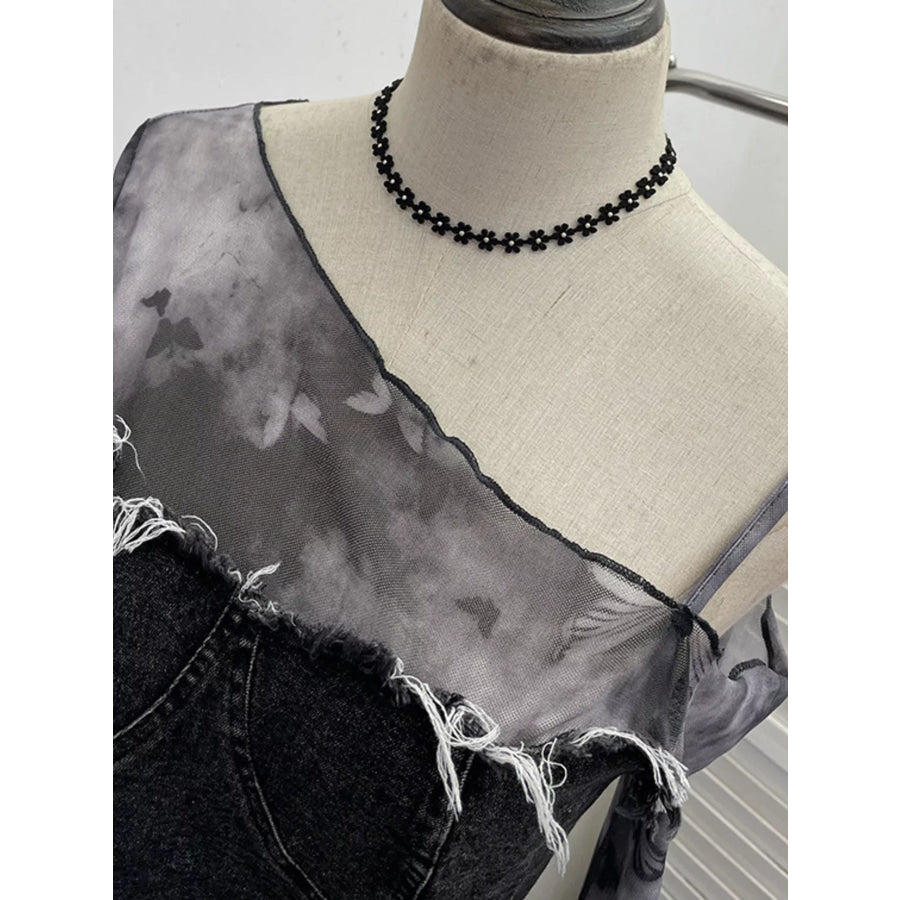 Asymmetrical Neck Denim Patchwork Top Apparel and Accessories