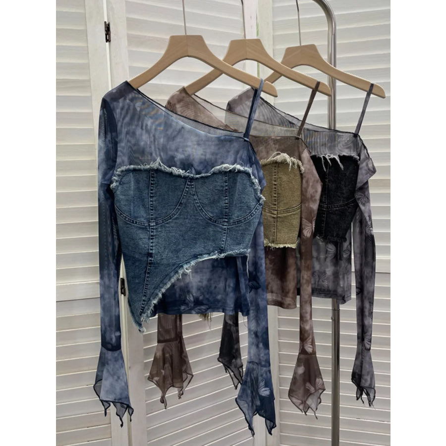 Asymmetrical Neck Denim Patchwork Top Apparel and Accessories