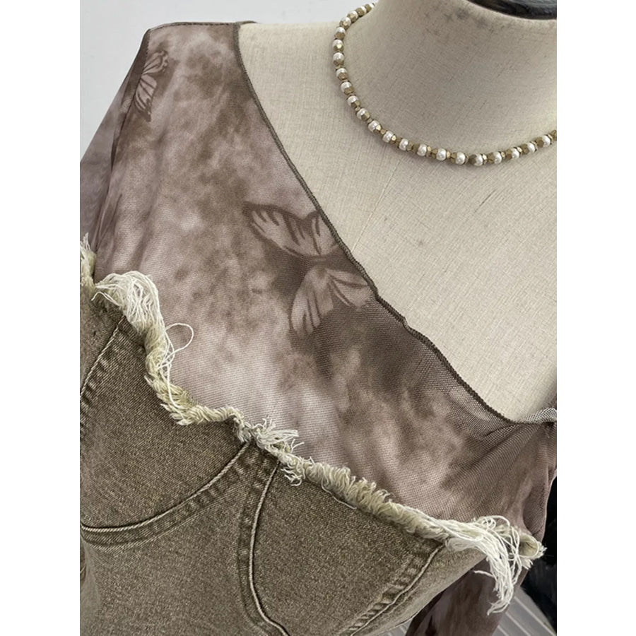 Asymmetrical Neck Denim Patchwork Top Apparel and Accessories