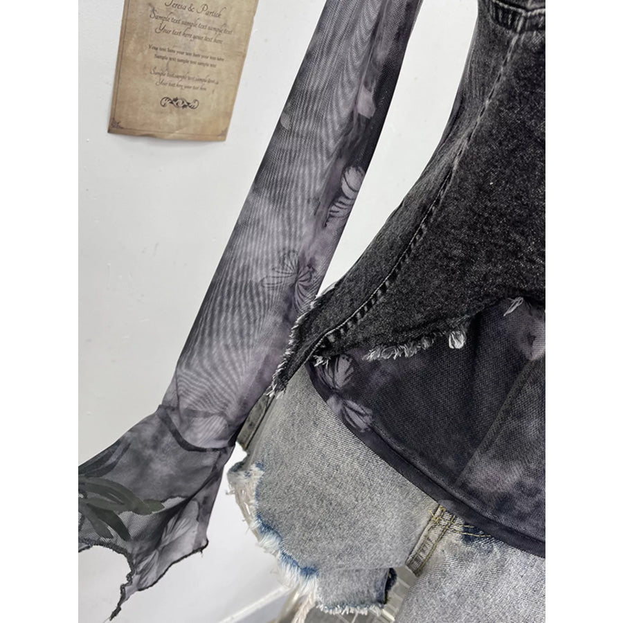 Asymmetrical Neck Denim Patchwork Top Apparel and Accessories