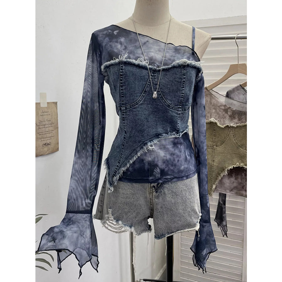 Asymmetrical Neck Denim Patchwork Top Apparel and Accessories