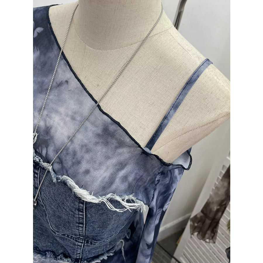 Asymmetrical Neck Denim Patchwork Top Apparel and Accessories