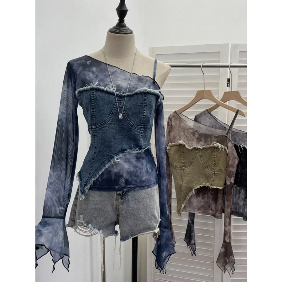Asymmetrical Neck Denim Patchwork Top Blue / One Size Apparel and Accessories